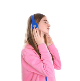 Photo of Teenage girl enjoying music in headphones on white background