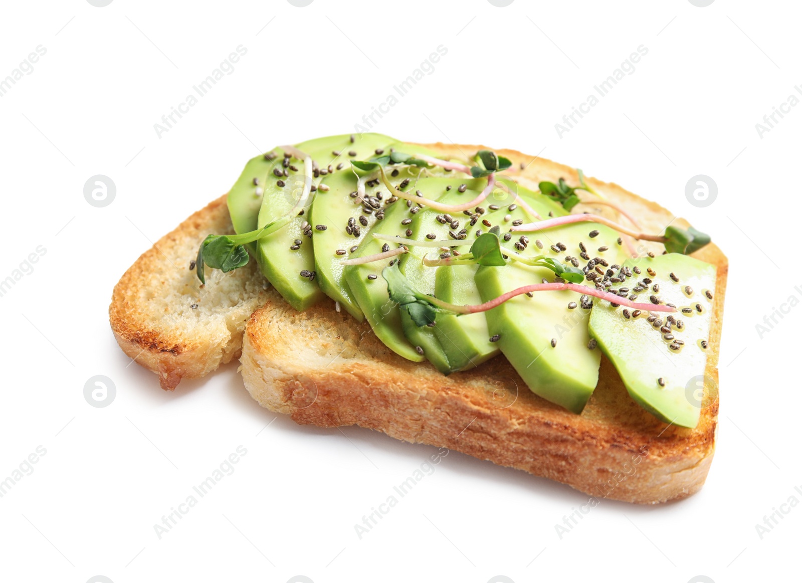 Photo of Tasty toast with avocado, sprouts and chia seeds on white background