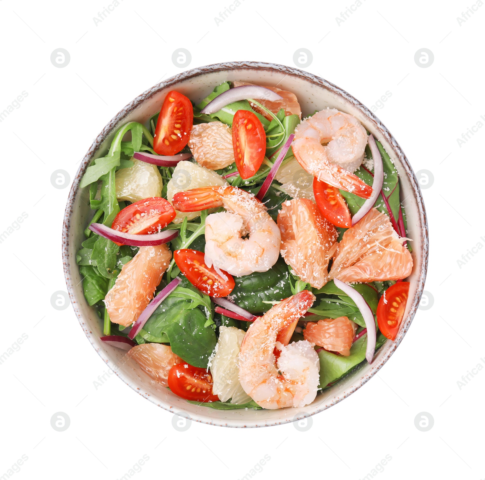 Photo of Delicious pomelo salad with shrimps and tomatoes isolated on white, top view