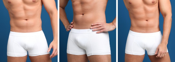 Image of Collage with photos of man wearing underwear on blue background, closeup. Banner design