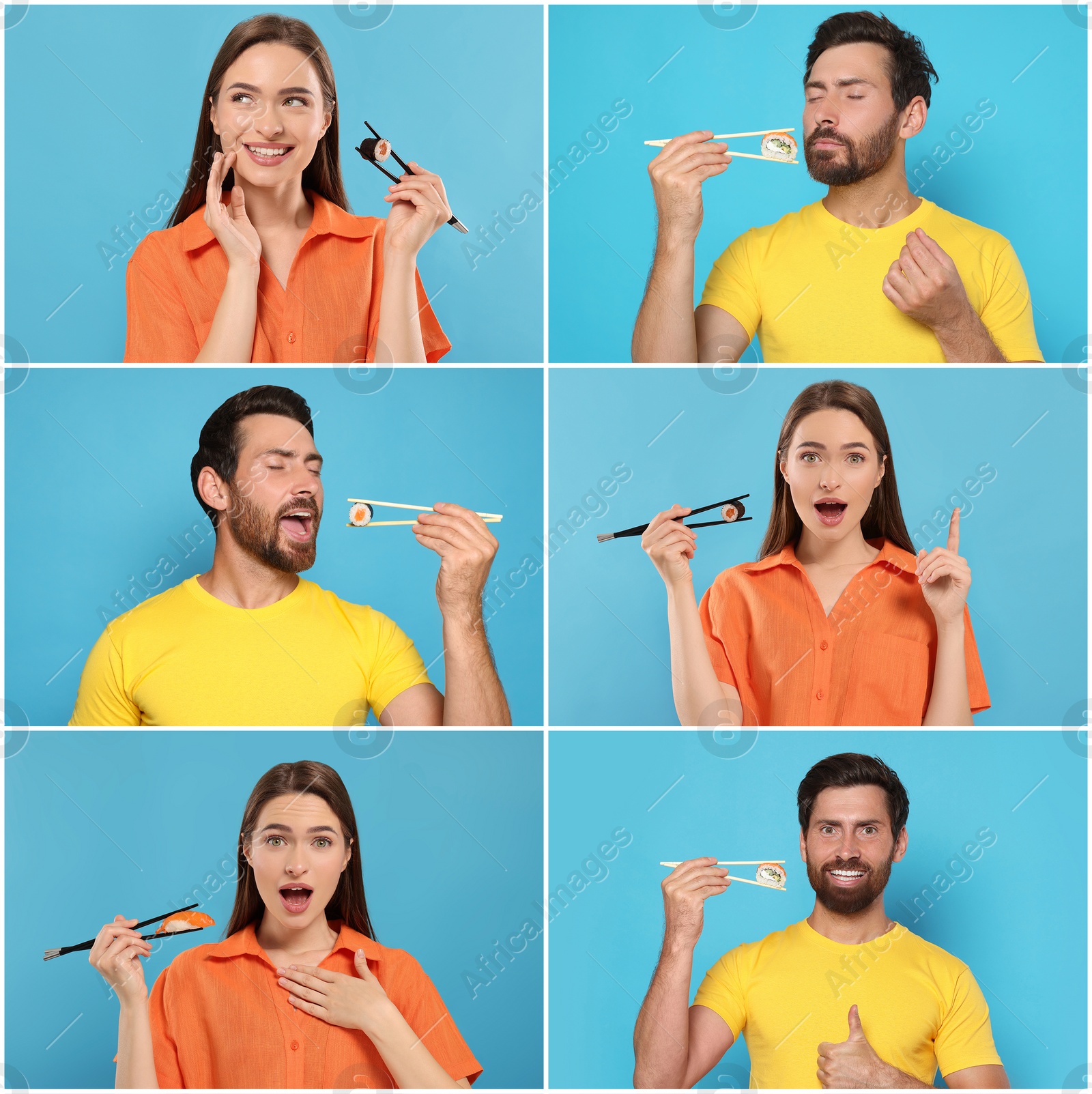 Image of Collage with photos of people eating tasty sushi and rolls on light blue background