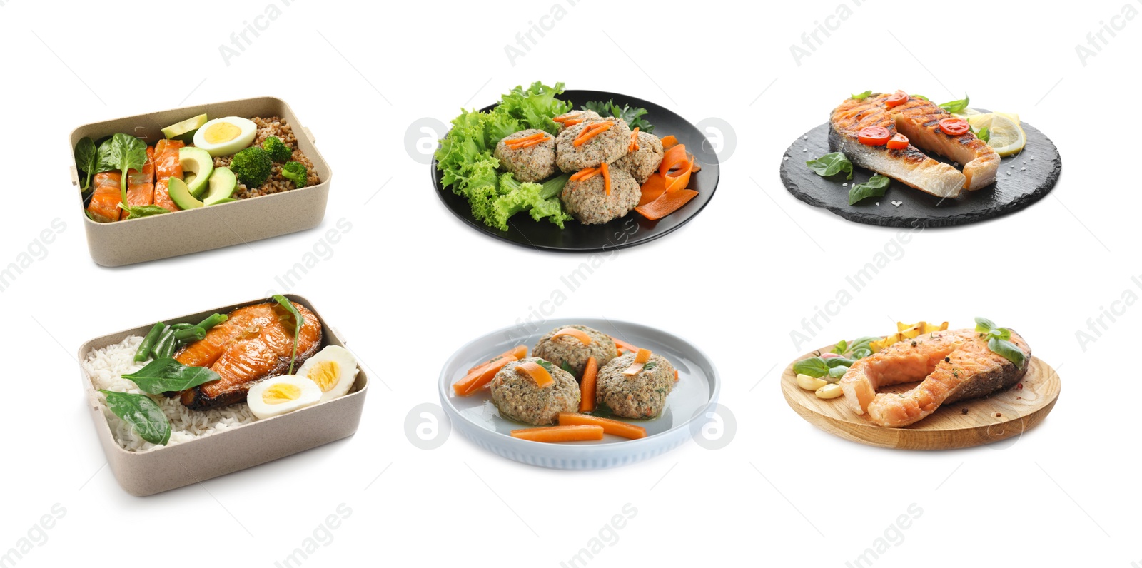 Image of Set with delicious freshly cooked fish dishes on white background