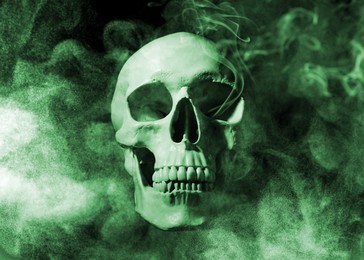 Image of Scary skull emerging from smoke in darkness