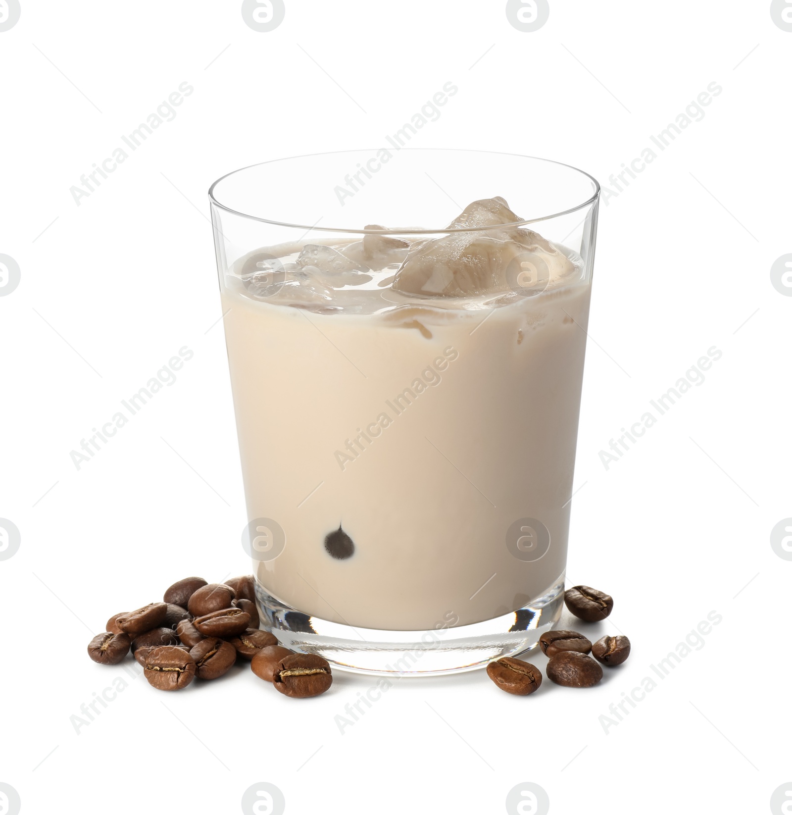 Photo of Glass of coffee cream liqueur with ice cubes and beans isolated on white