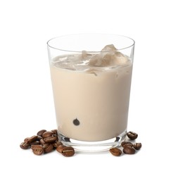 Glass of coffee cream liqueur with ice cubes and beans isolated on white