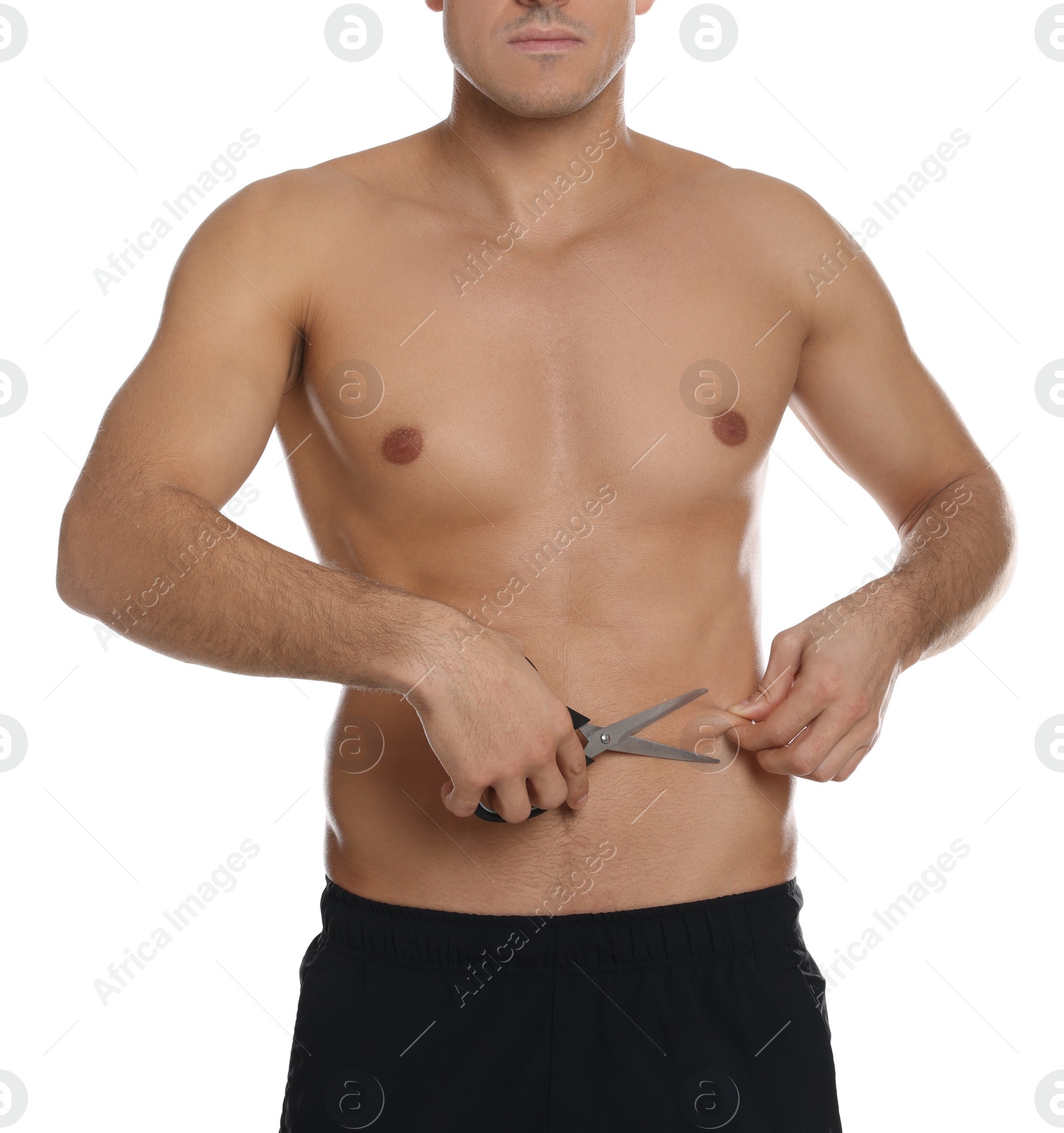 Photo of Fit man with scissors on white background, closeup. Weight loss surgery