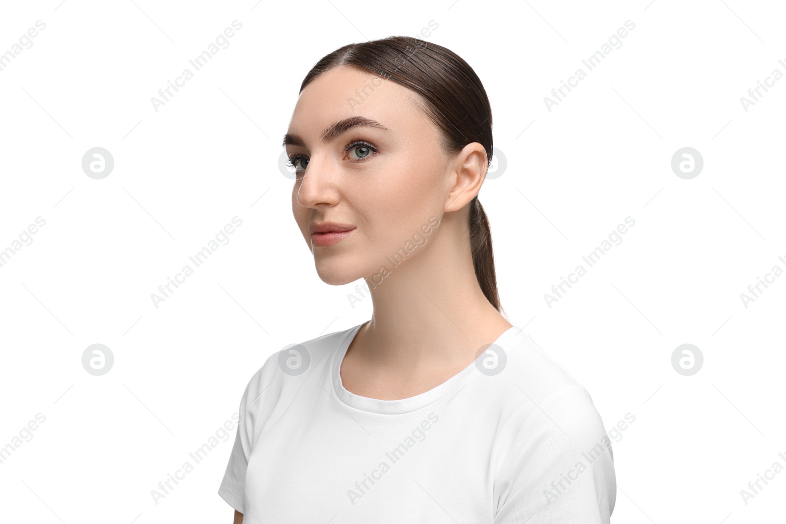 Photo of Portrait of beautiful woman on white background