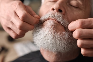 Photo of Professional barber working with client's mustache in barbershop, closeup