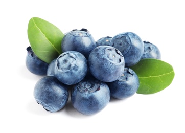 Photo of Fresh raw tasty blueberries with leaves isolated on white