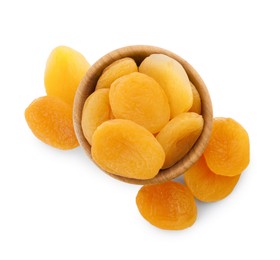 Photo of Wooden bowl with dried tasty apricots isolated on white, top view