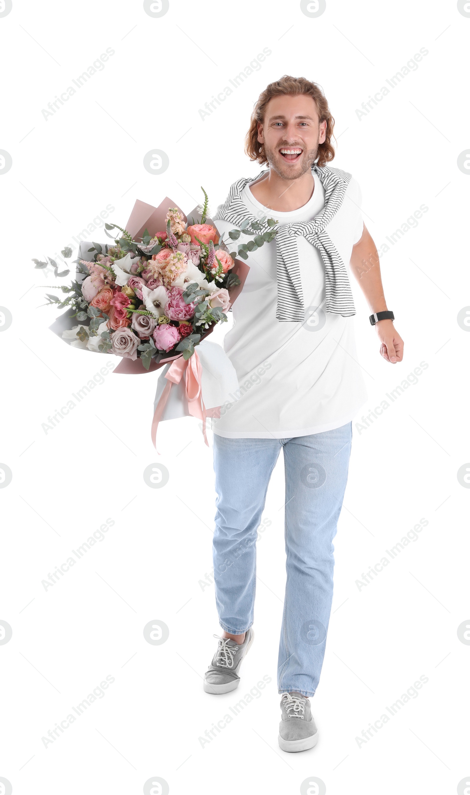 Photo of Young handsome man with beautiful flower bouquet on white background