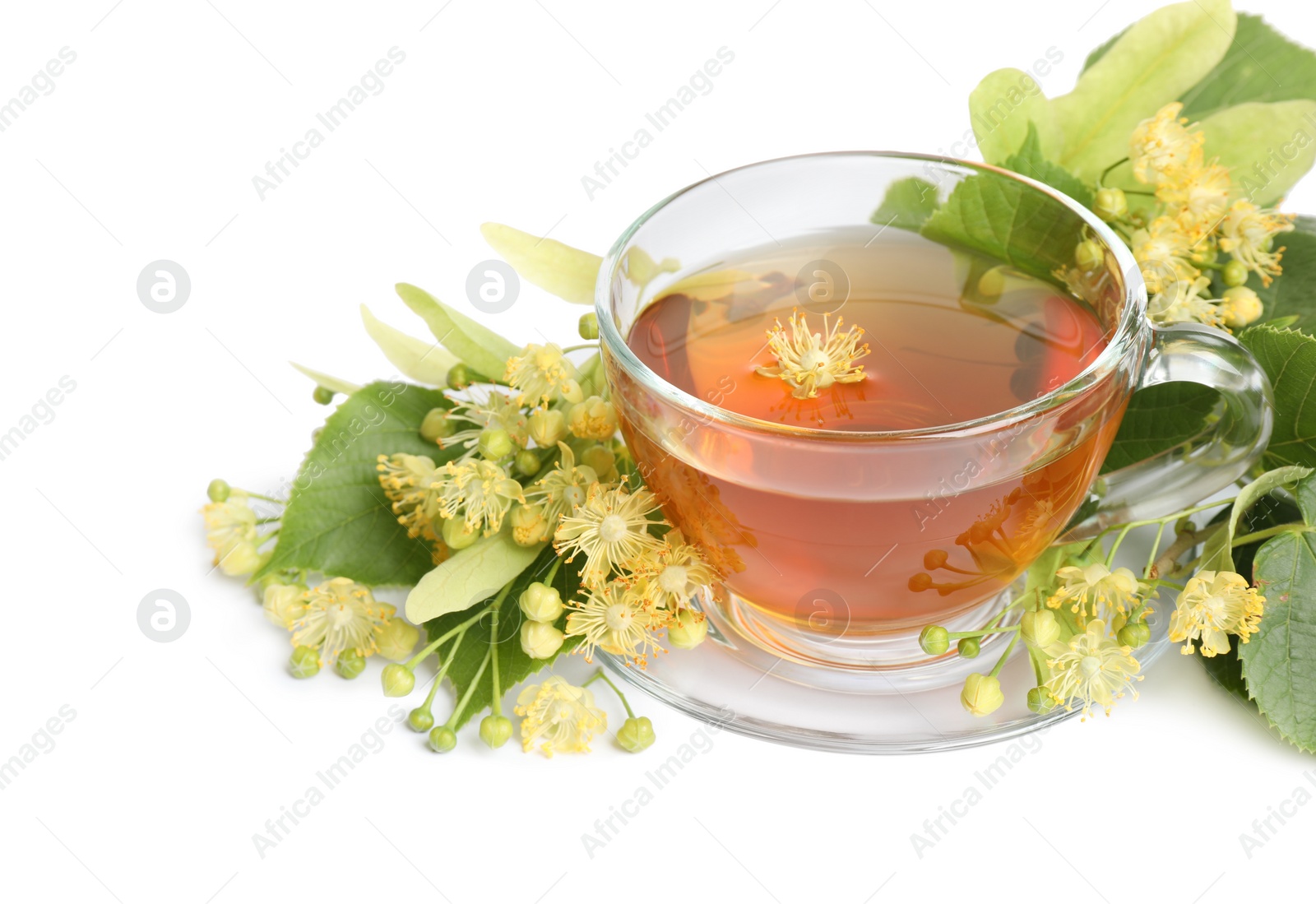 Photo of Cup of tea, linden leaves and blossom on white background