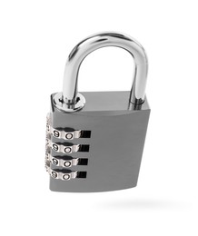 Locked steel combination padlock isolated on white