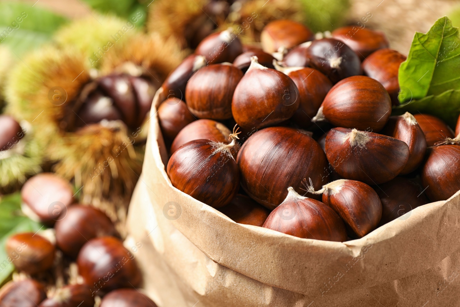 Photo of Fresh sweet edible chestnuts in paper bag, closeup
