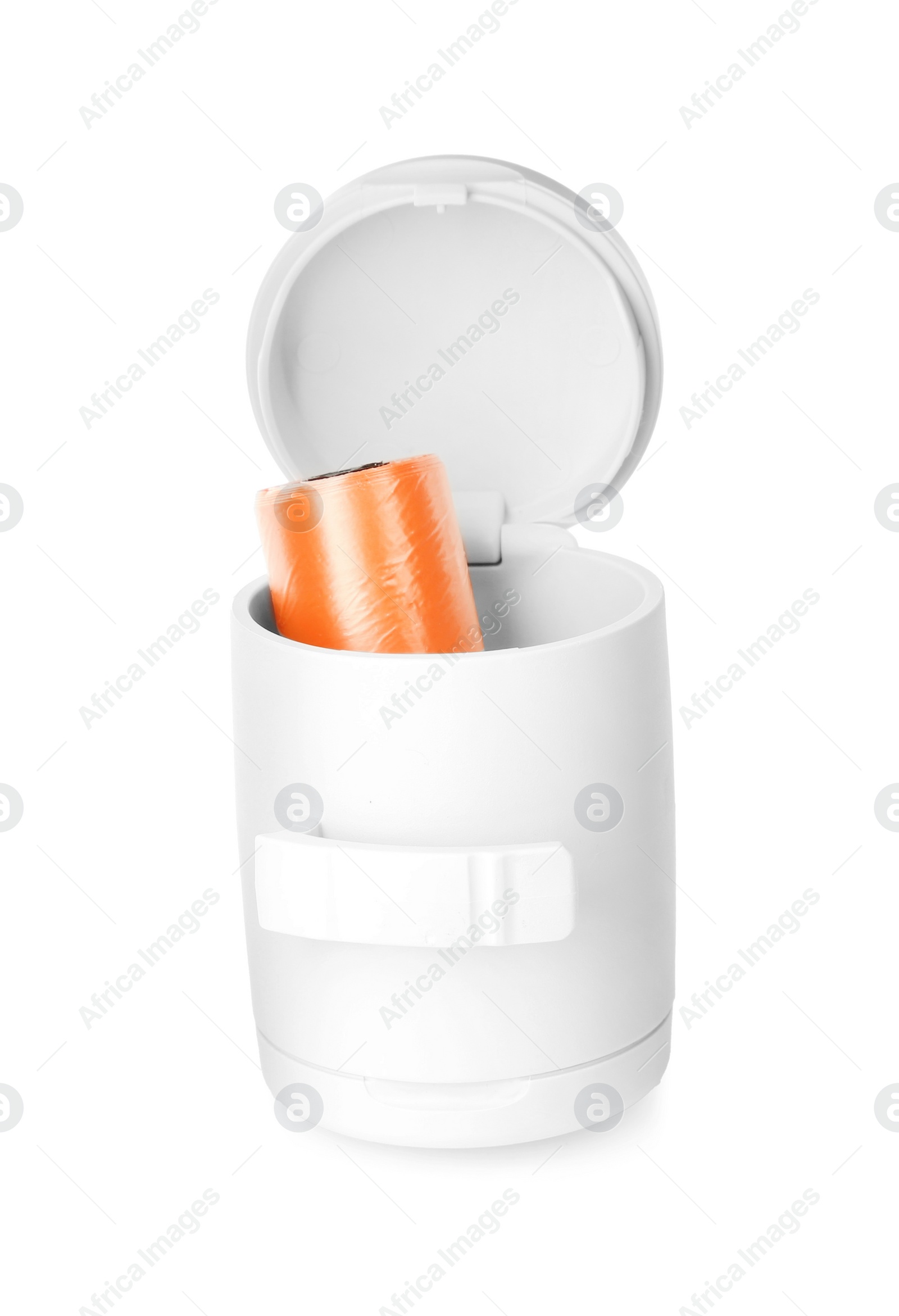 Photo of Holder with dog waste bags isolated on white
