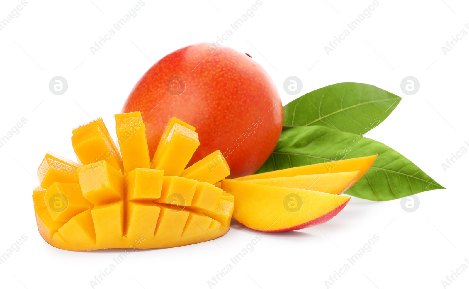 Photo of Whole and cut ripe mangoes isolated on white. Exotic fruit