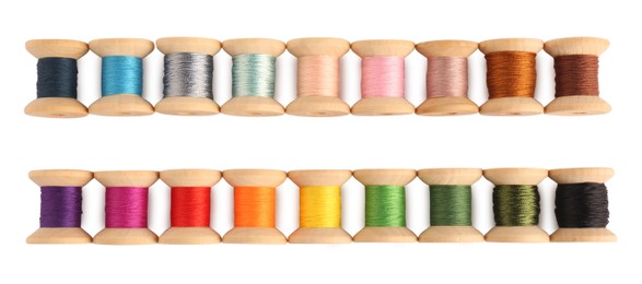 Photo of Set of colorful sewing threads on white background, top view