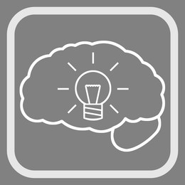 Brain with glowing light bulb in frame, illustration on grey background