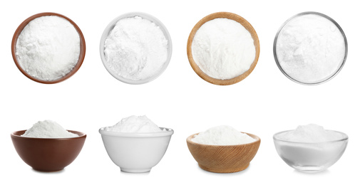 Image of Set with bowls of baking soda on white background. Banner design
