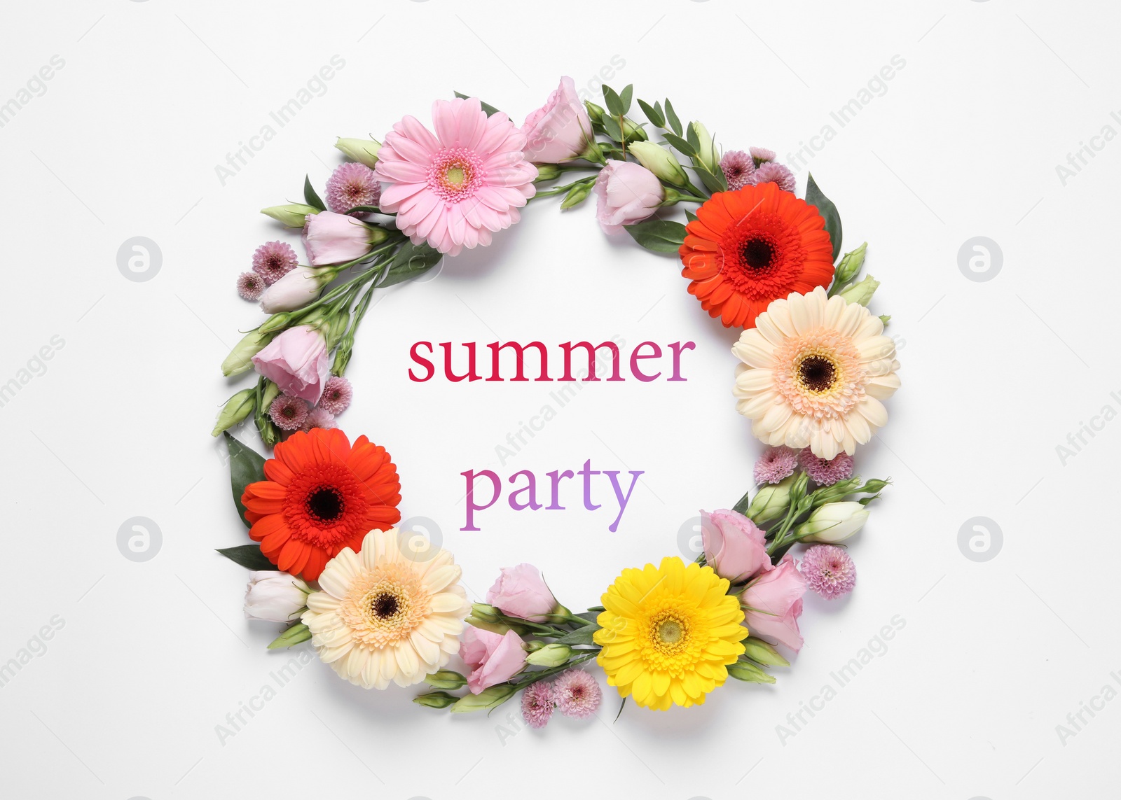 Image of Composition with beautiful flowers and phrase SUMMER PARTY on white background, flat lay