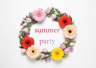 Composition with beautiful flowers and phrase SUMMER PARTY on white background, flat lay