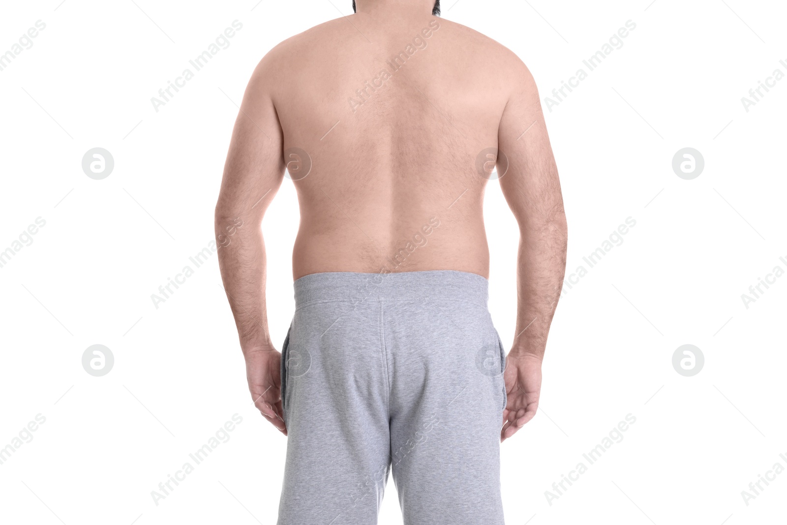 Photo of Overweight man isolated on white, closeup. Weight loss