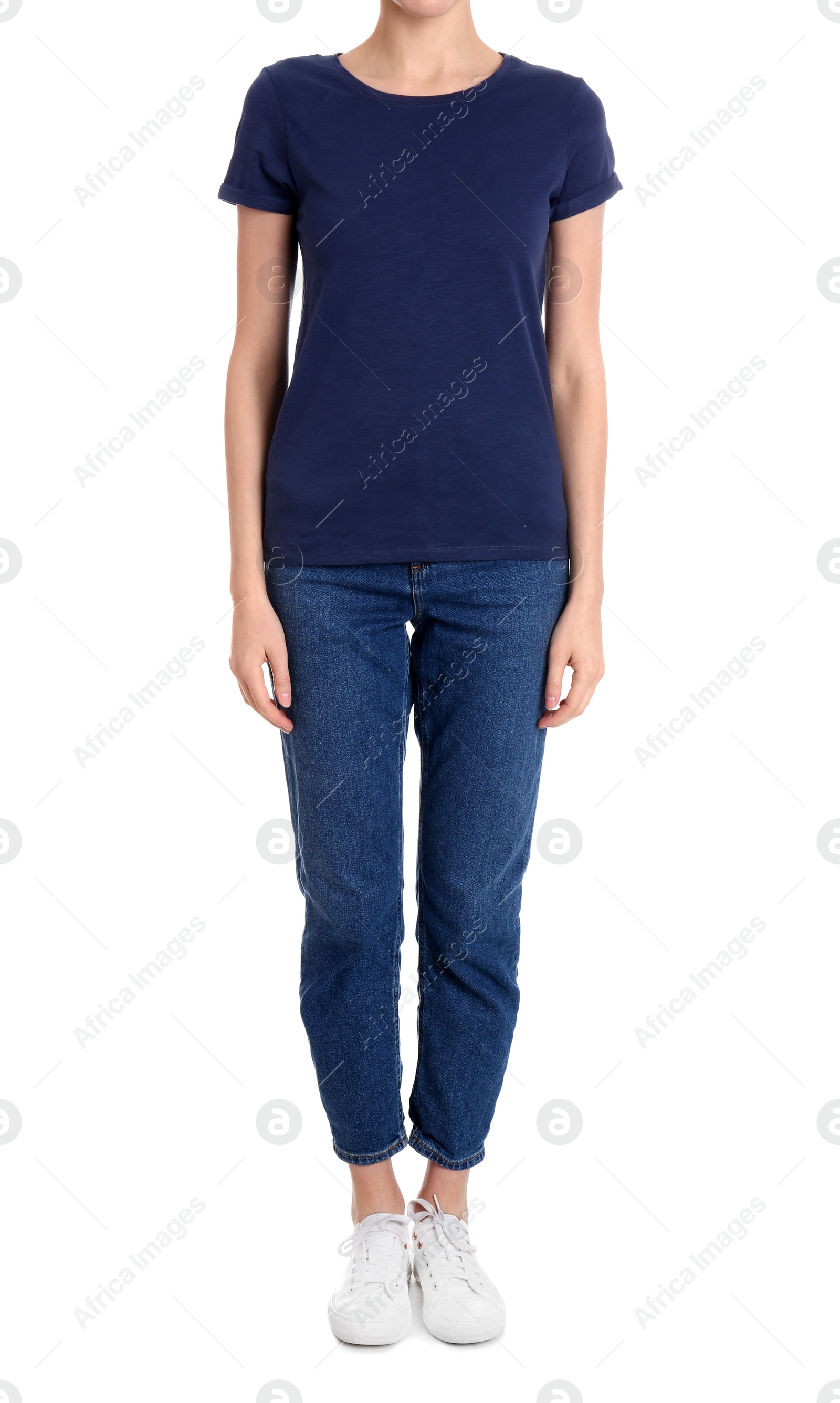 Photo of Young slim woman on white background, closeup. Weight loss