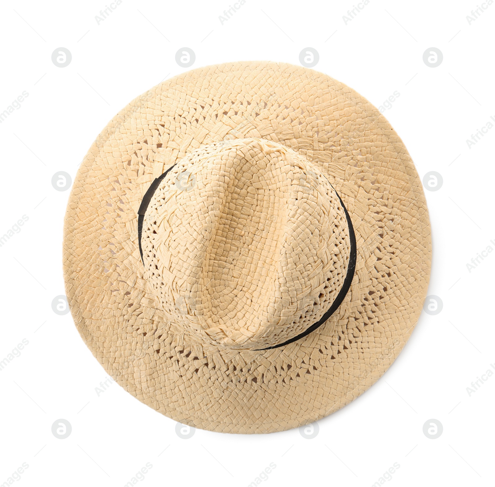 Photo of Stylish straw hat isolated on white, top view