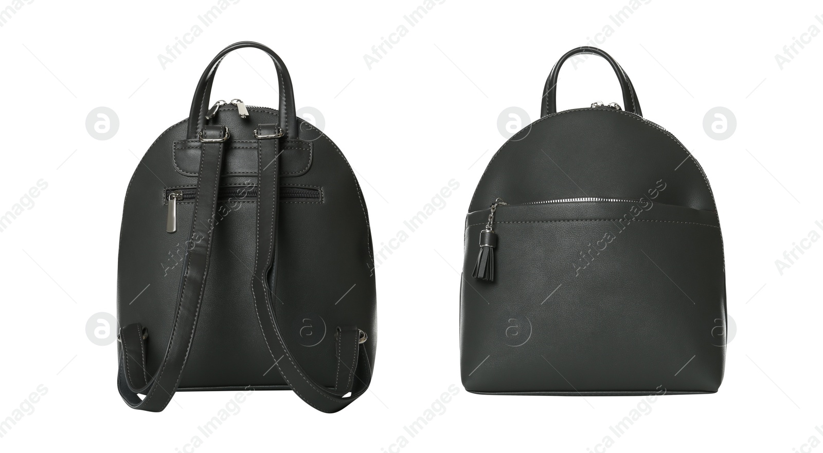 Image of Stylish leather backpacks on white background, collage