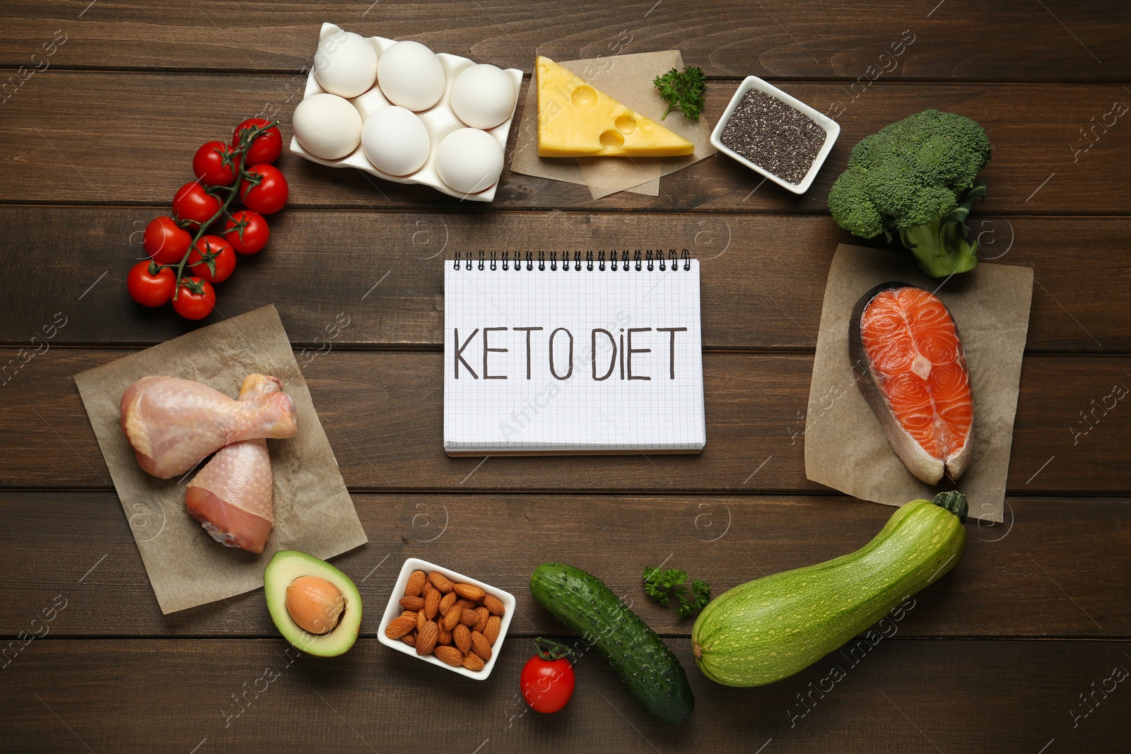 Photo of Flat lay composition with keto diet products on wooden table