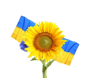 Image of Bright sunflower and Ukrainian national flag on white background