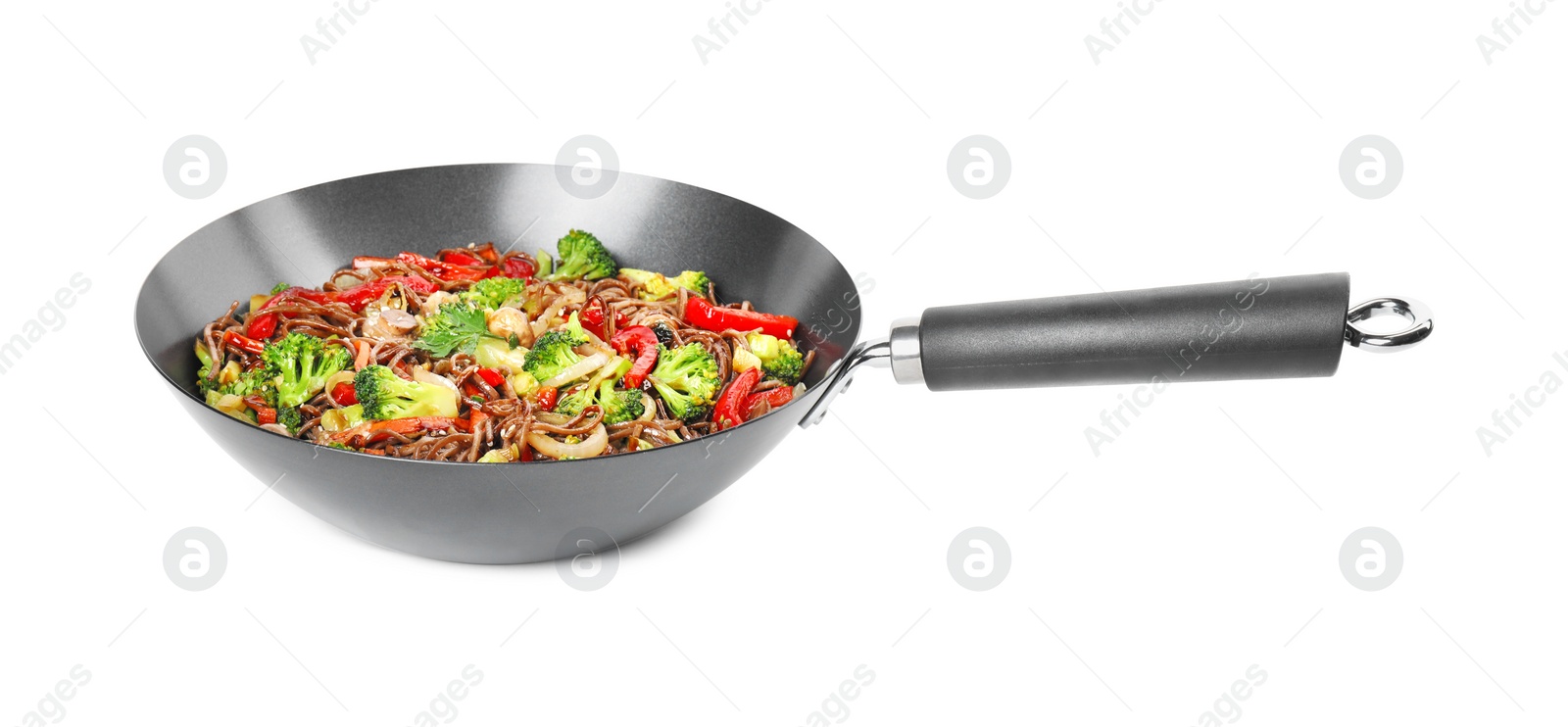 Photo of Stir-fry. Tasty noodles with meat and vegetables in wok isolated on white