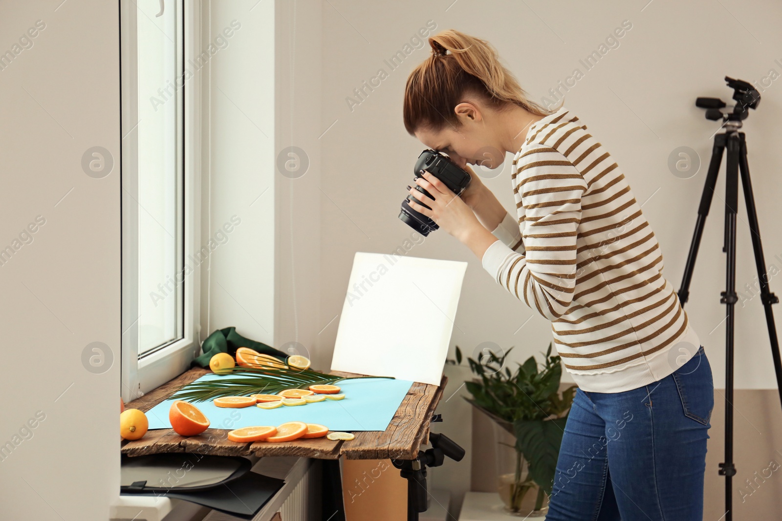 Photo of Woman taking picture of cut fruits and palm leaf on window sill. Food photography