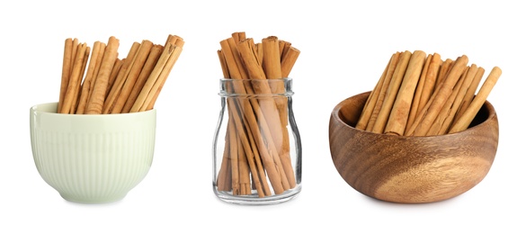 Image of Set with aromatic cinnamon sticks on white background, banner design