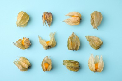 Ripe physalis fruits with calyxes on light blue background, flat lay