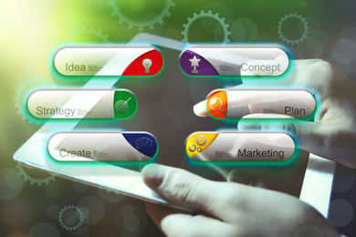 Image of  Digital marketing concept. Woman using tablet, closeup