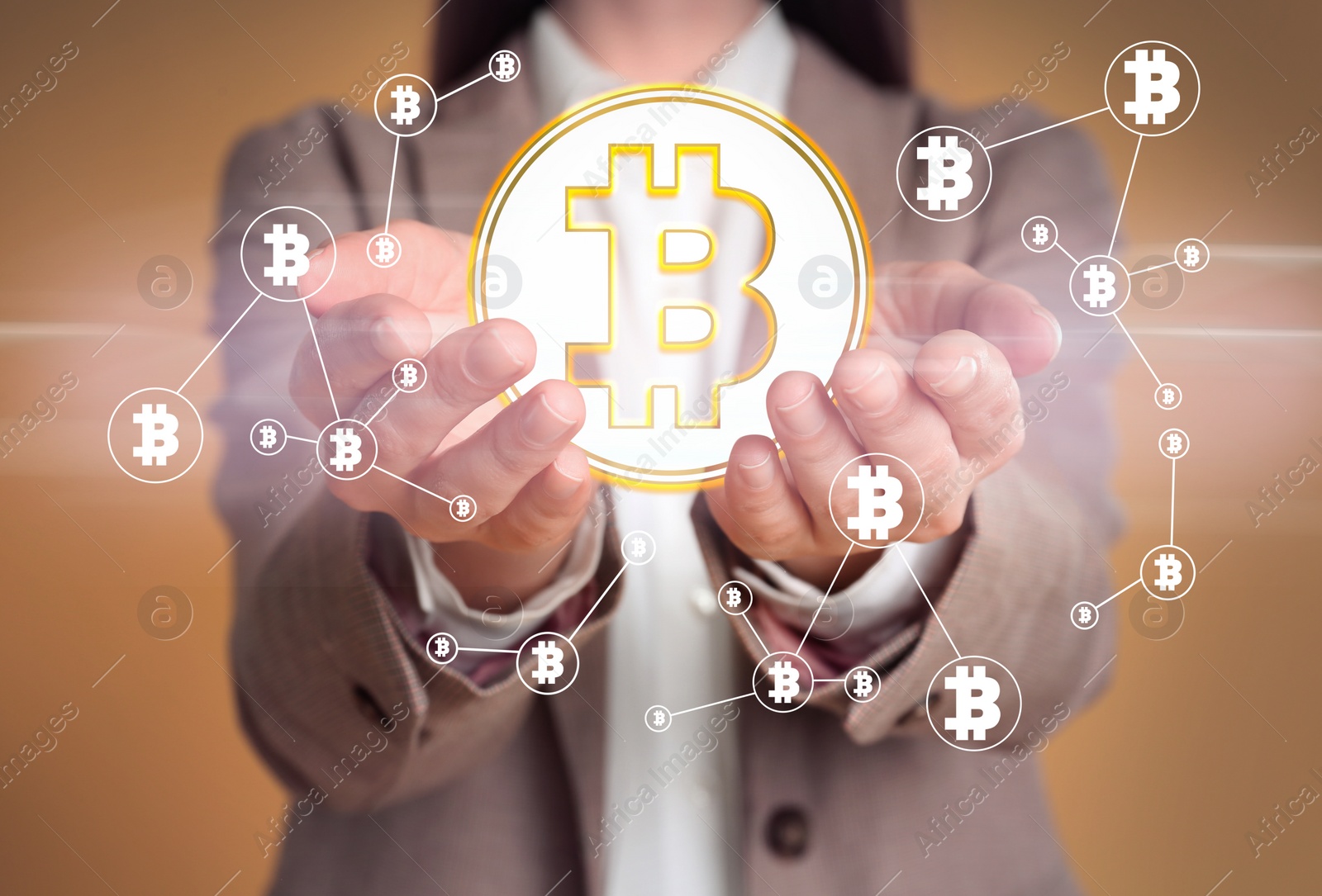 Image of Fintech concept. Woman demonstrating scheme with bitcoin symbols