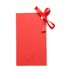 Photo of Blank red gift tag with satin ribbon on white background, top view