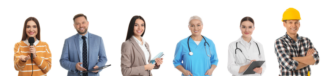 Image of Collage with people of different professions on white background. Banner design 