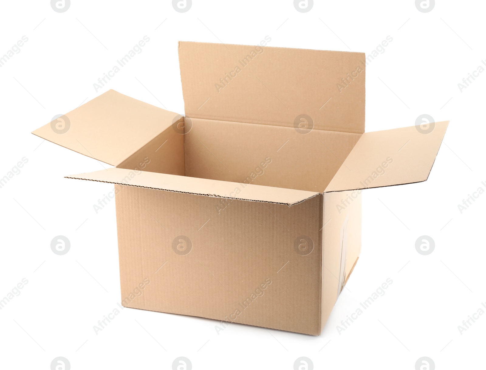 Photo of Open cardboard box on white background. Mockup for design