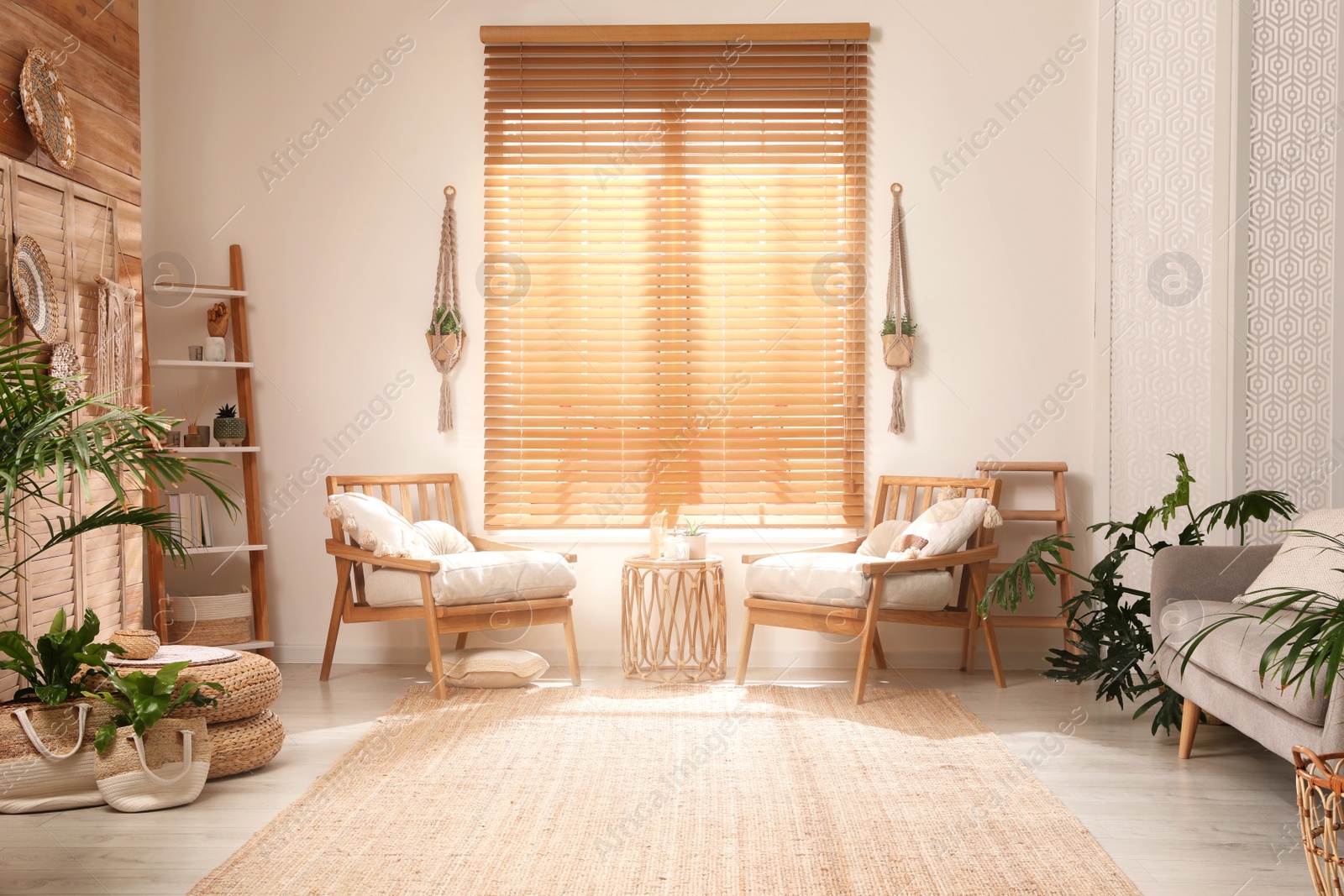 Photo of Stylish living room interior with comfortable wooden armchairs and beautiful houseplants