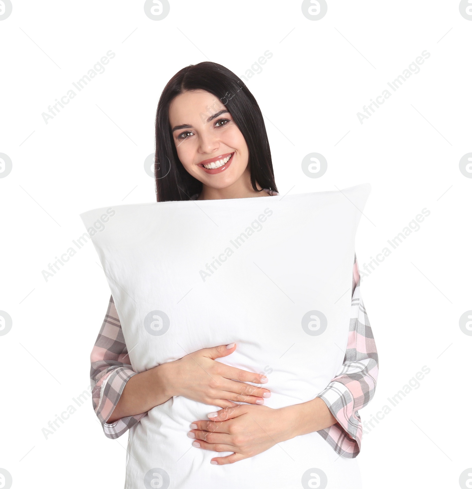 Photo of Young woman with pillow on white background