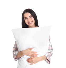 Young woman with pillow on white background