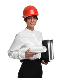 Photo of Architect with hard hat, draft and folders on white background