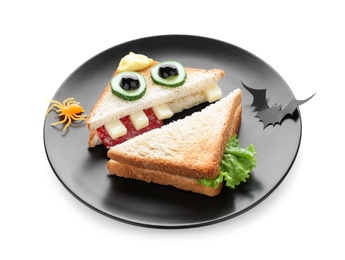 Photo of Cute monster sandwich on white background. Halloween party food
