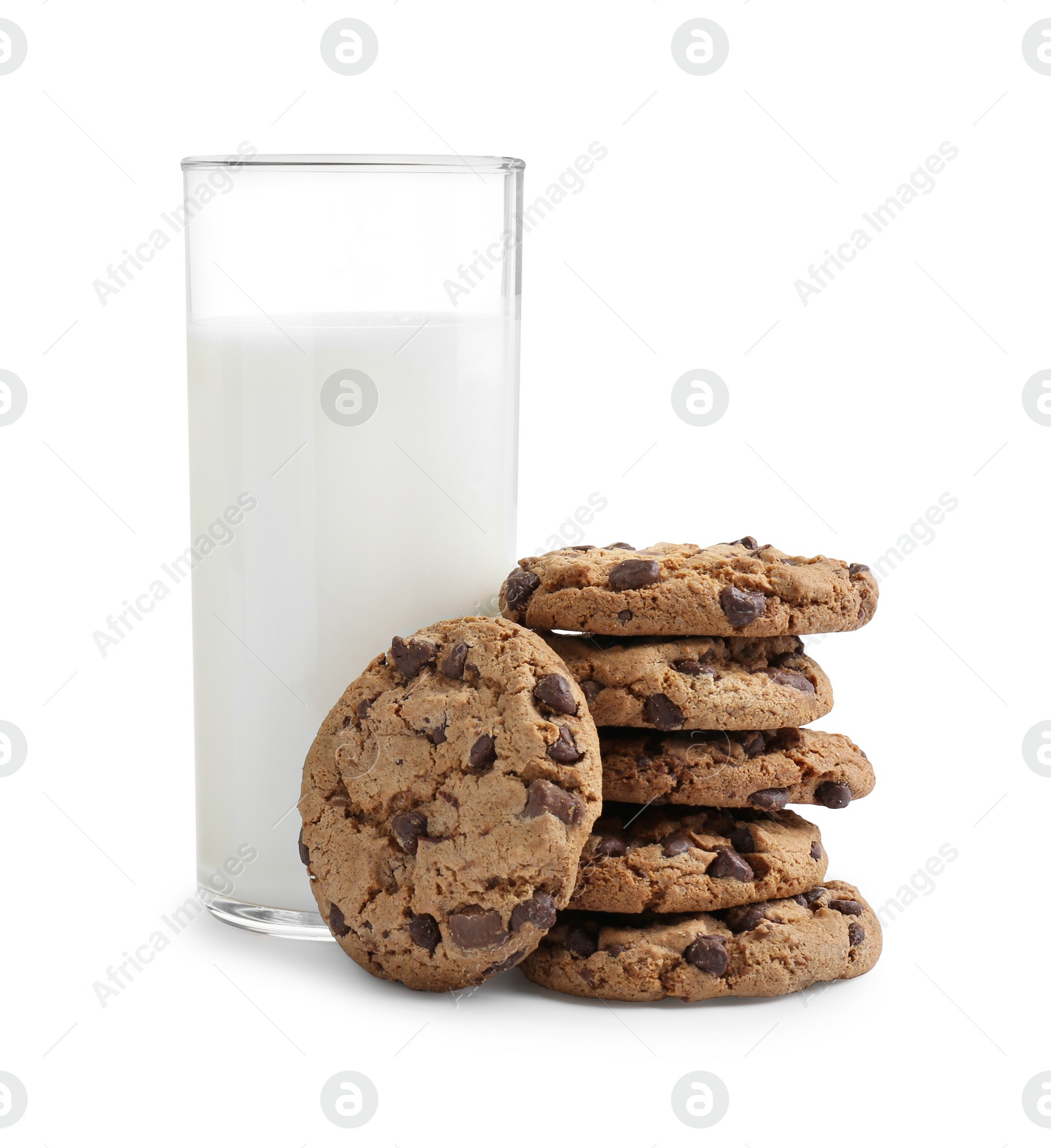 Photo of Delicious chocolate chip cookies and glass of milk isolated on white