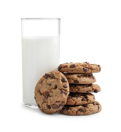 Photo of Delicious chocolate chip cookies and glass of milk isolated on white