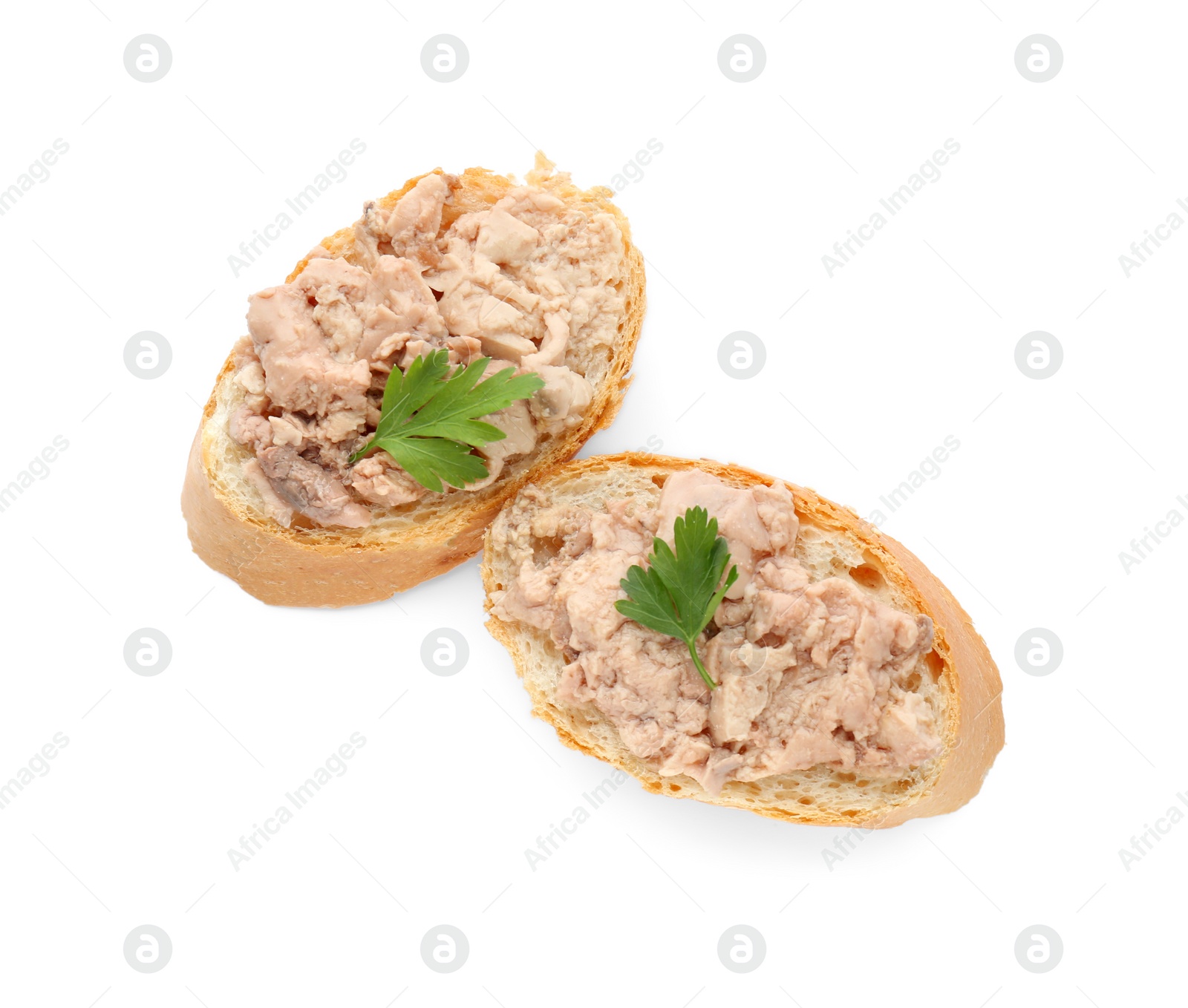 Photo of Tasty sandwiches with cod liver and fresh parsley isolated on white, top view