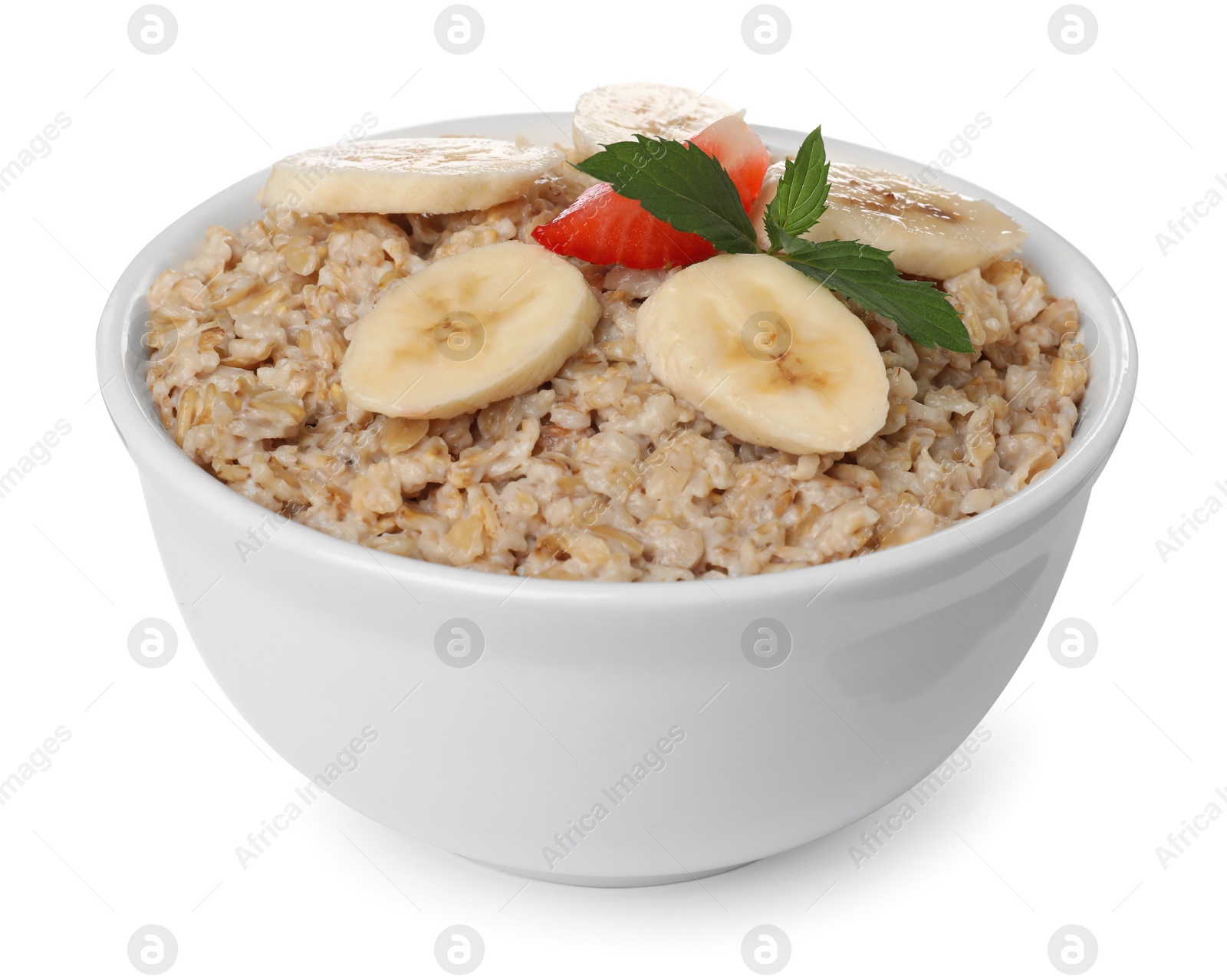 Photo of Tasty boiled oatmeal with strawberry and banana in bowl isolated on white