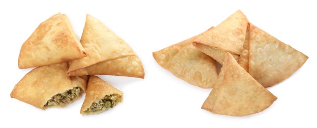 Image of Crispy delicious samosas on white background, collage. Banner design